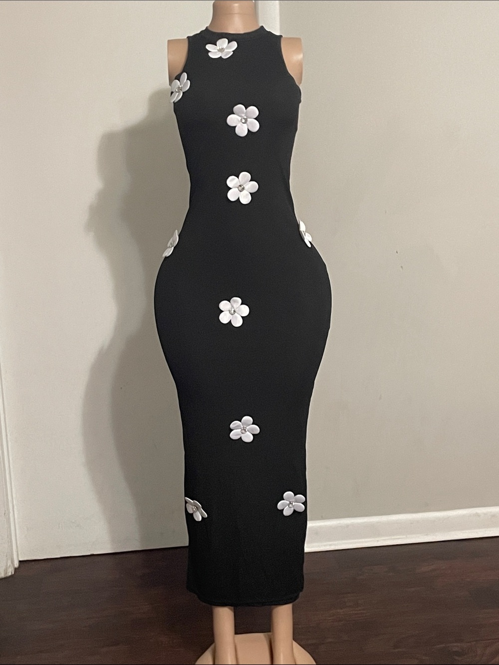 Black Sleeveless Midi Dress with White Floral Appliqués